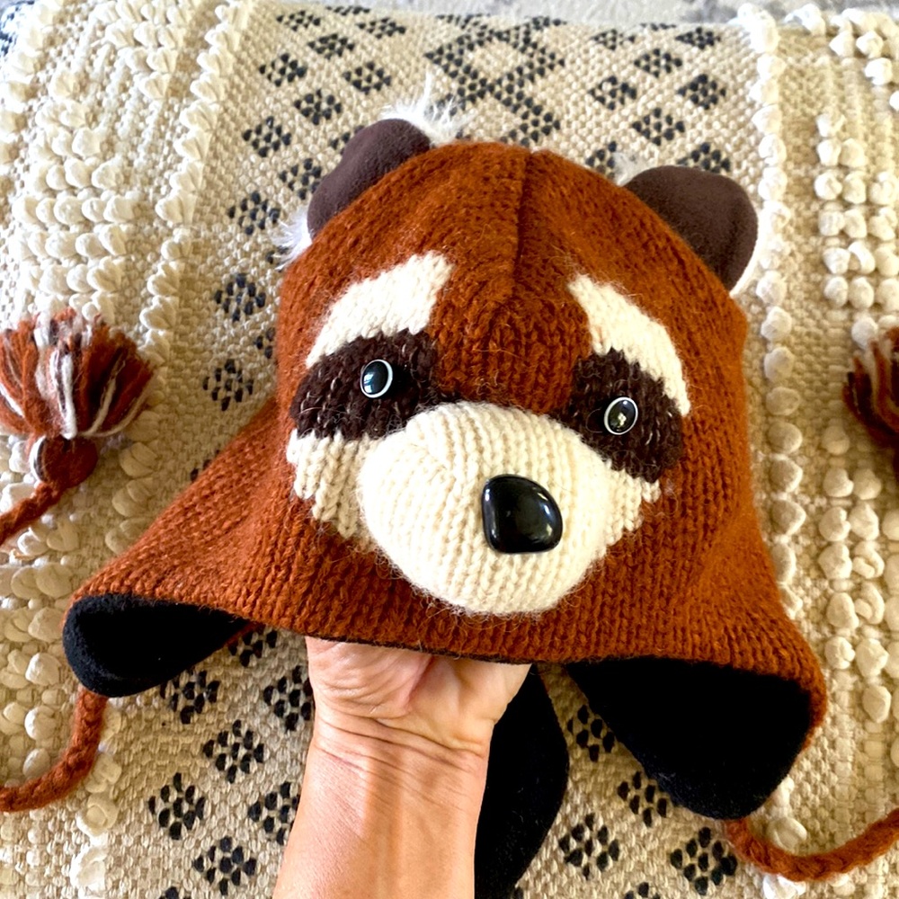 deLux RED PANDA HAT knit ADULT raccoon LINED Costume fox bear brown mens womens
